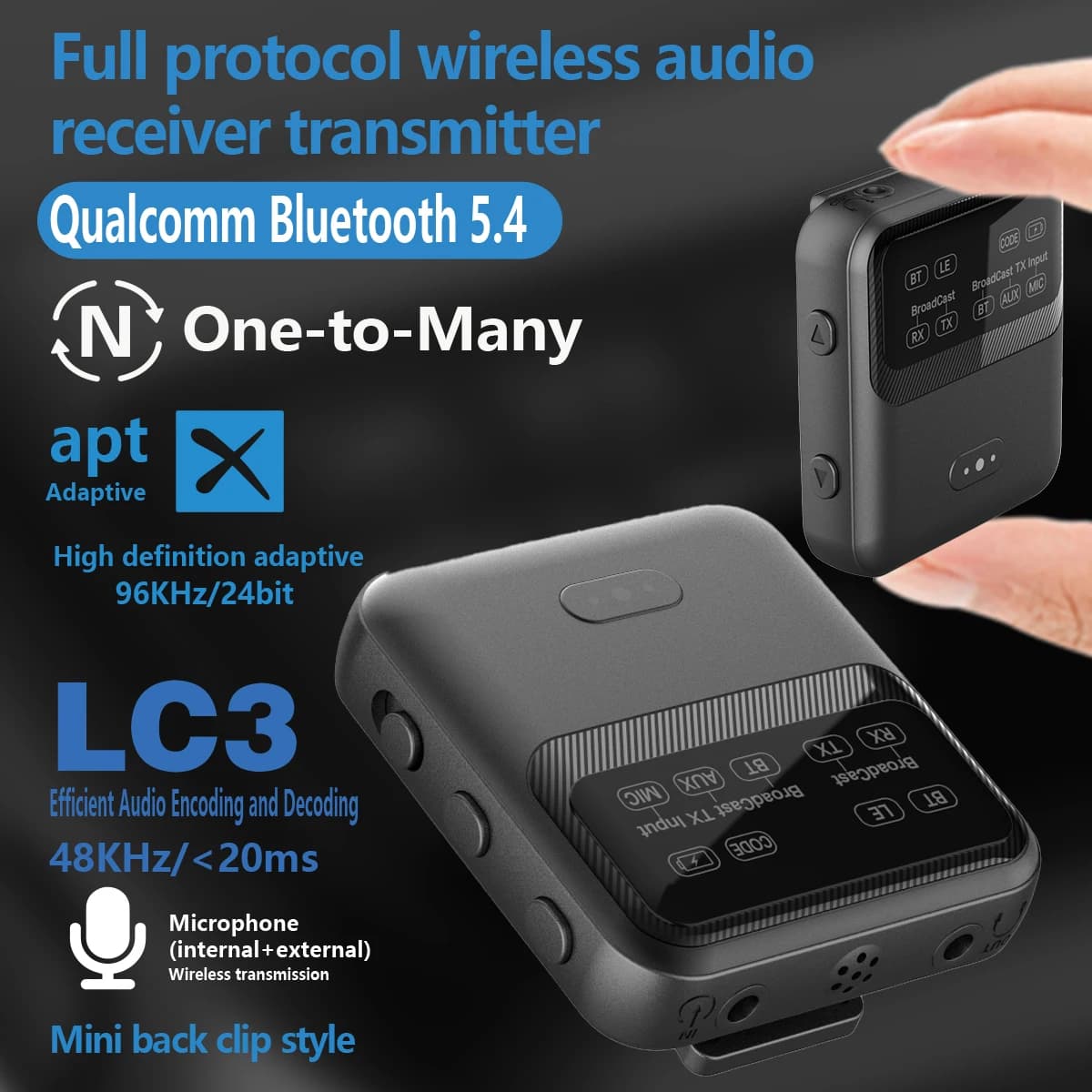 Eppfun Bluetooth 5.4 receptor de áudio transmissor aptX-LL/hd/ad lc3 auracast le adaptador de áudio 2 em 1 música estéreo sem fio com microfone