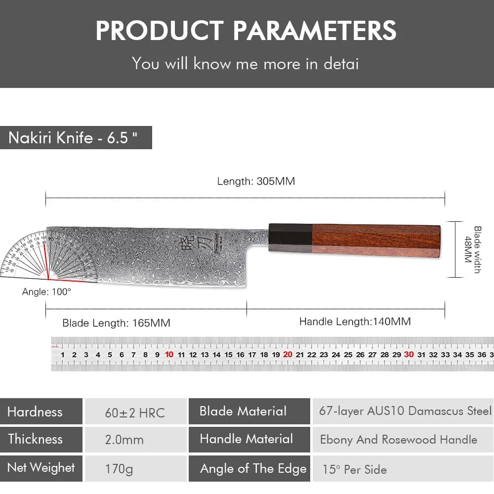 Especificações técnicas da faca Nakiri 6.5 polegadas com lâmina 67 camadas aço damasco e cabo madeira ébano e rosewood