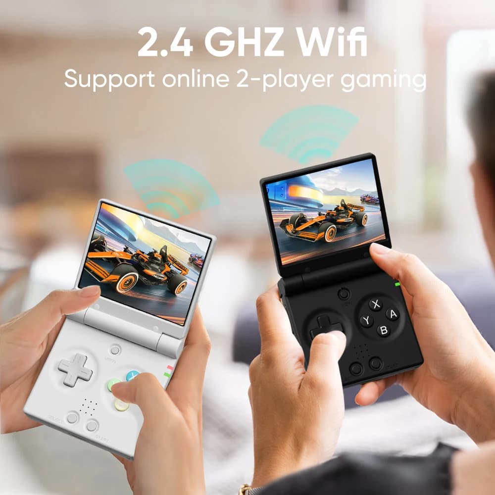 Duas pessoas jogando online com consoles portáteis MIYOO Mini Flip Retro com Wi-Fi 2.4GHz