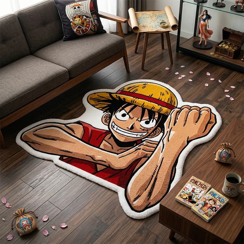 Tapete irregular com personagem de anime One Piece Luffy, macio e antiderrapante, ideal para decoração de quarto infantil.
