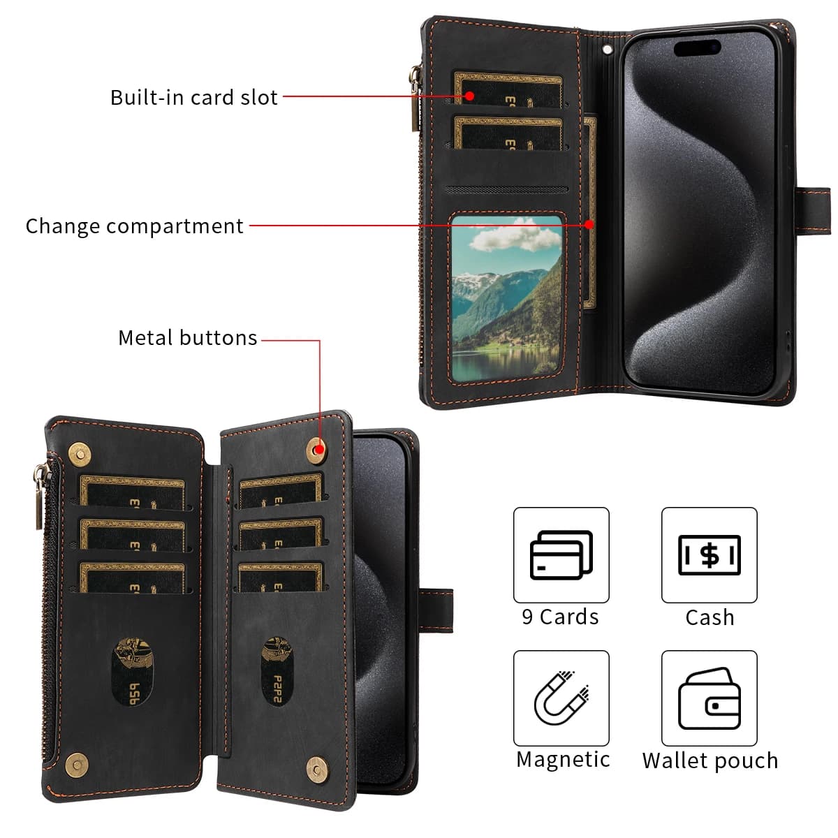 Capa carteira preta para Xiaomi com slots para 9 cartões, bolso para dinheiro e botão magnético
