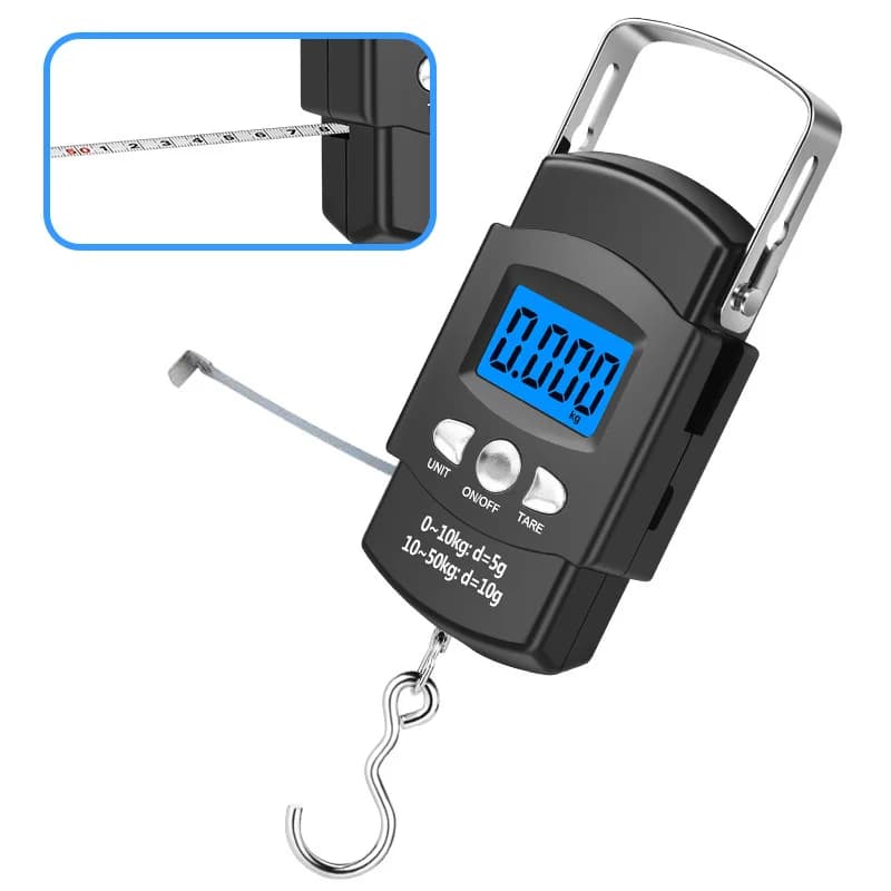 Balança digital portátil LCD com fita métrica retrátil de 100cm, gancho eletrônico, precisão 10g, capacidade máxima 50kg.