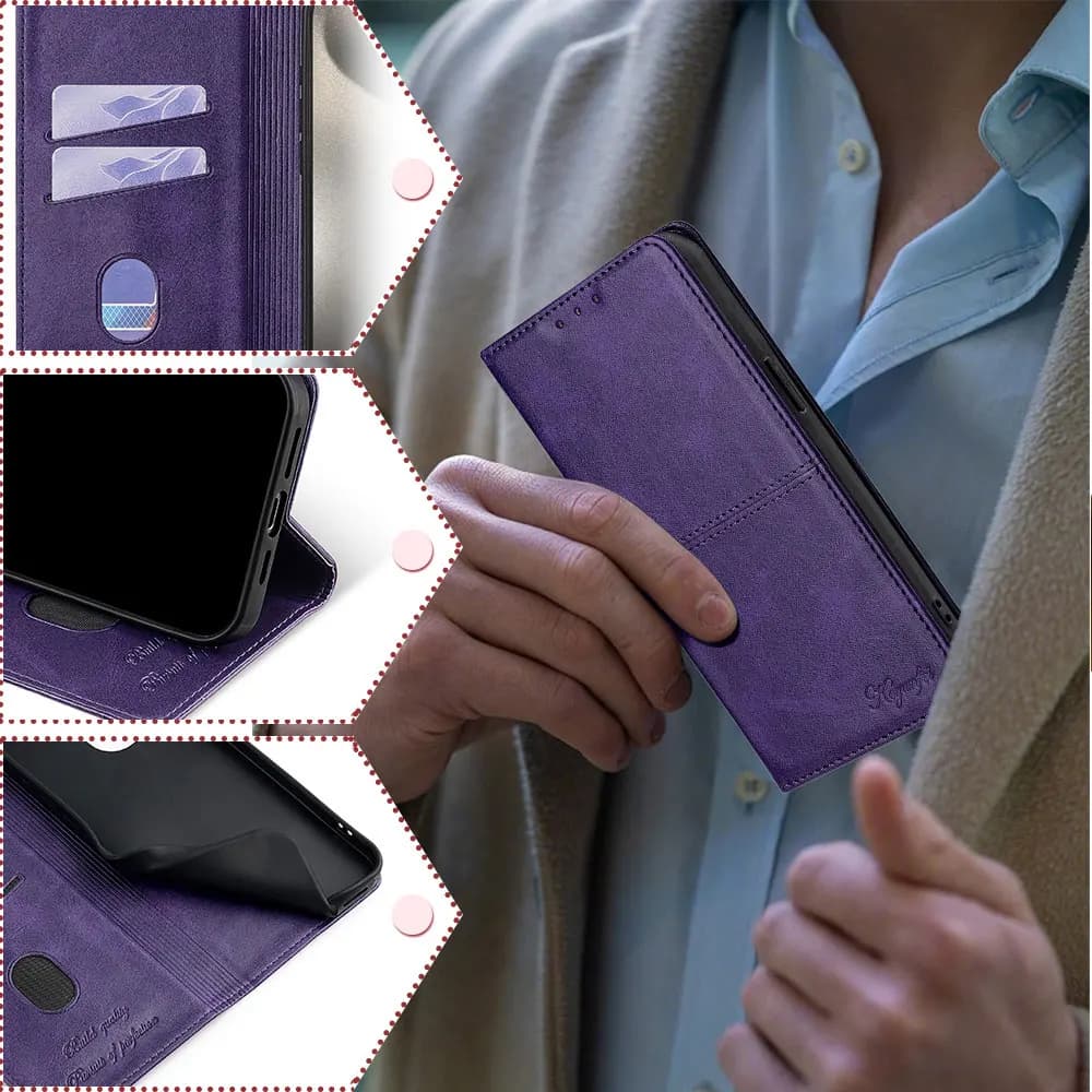Capa roxa para Xiaomi Redmi A3 13 com porta cartões e suporte para celular em couro magnético