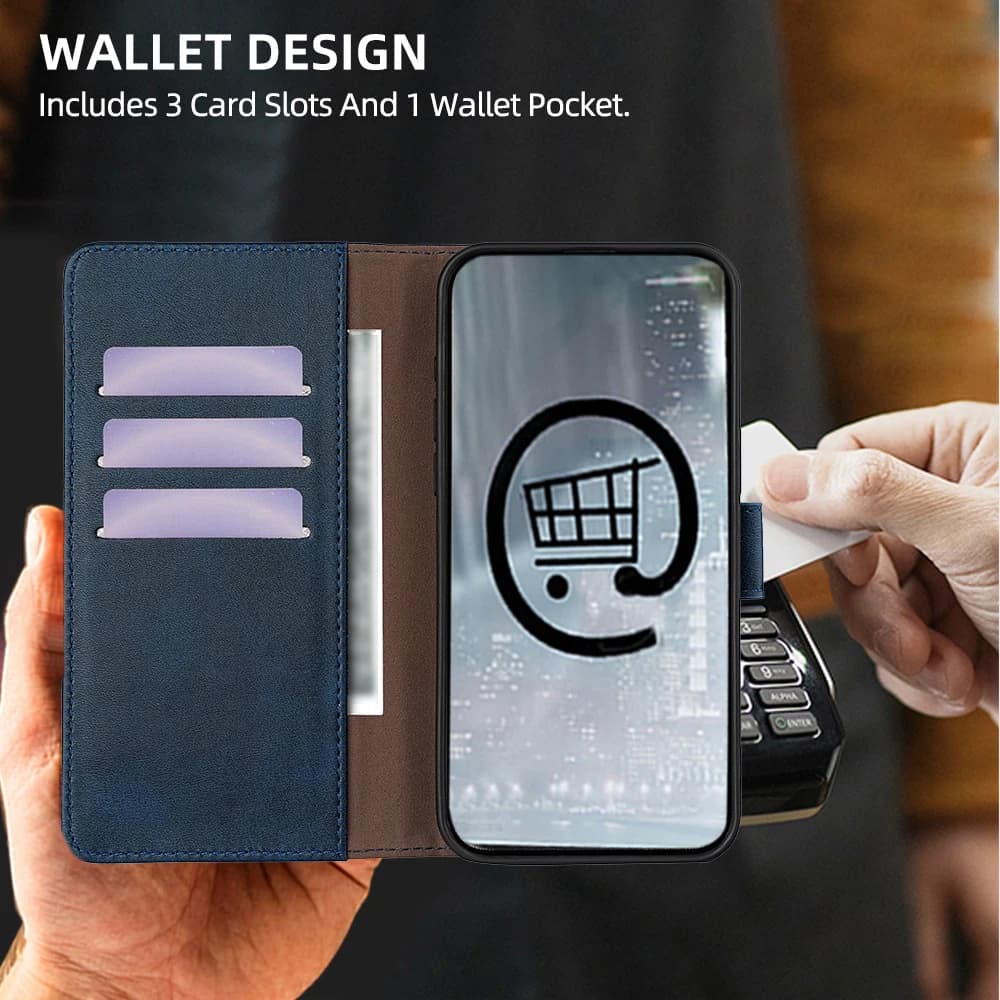 Capa para celular Xiaomi Poco azul em couro com fecho magnético e compartimentos para cartões e bolso carteira