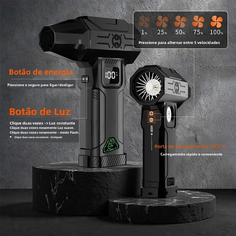 Ventilador automotivo preto com display digital, botões de energia e luz, cinco velocidades ajustáveis