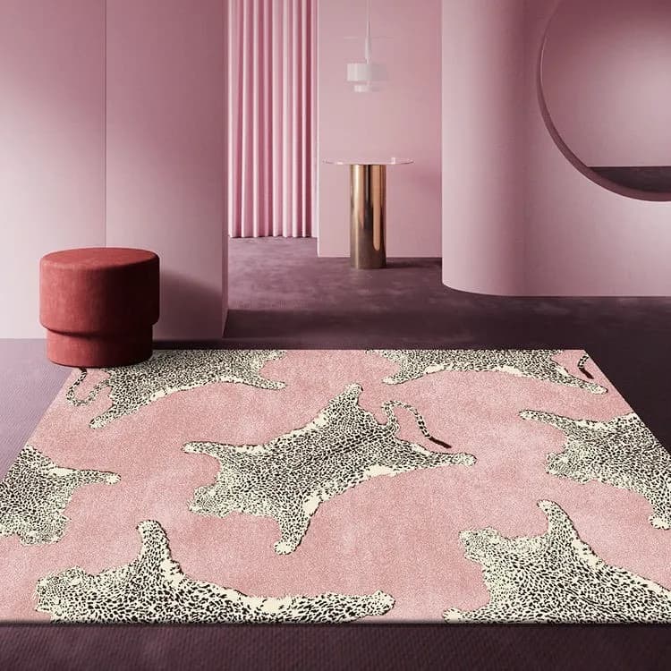 Tapete de pelúcia de luxo com estampa de leopardo, cor rosa, antiderrapante, para sala de estar