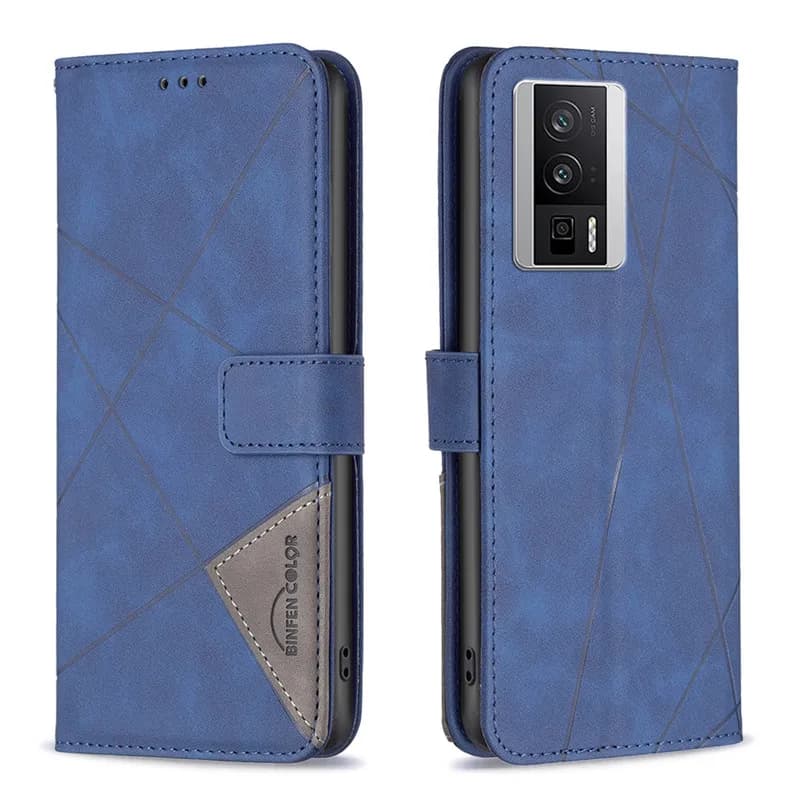 Capa azul para Xiaomi Poco F5 Pro em couro sintético com fechamento magnético e logo BINFEN COLOR