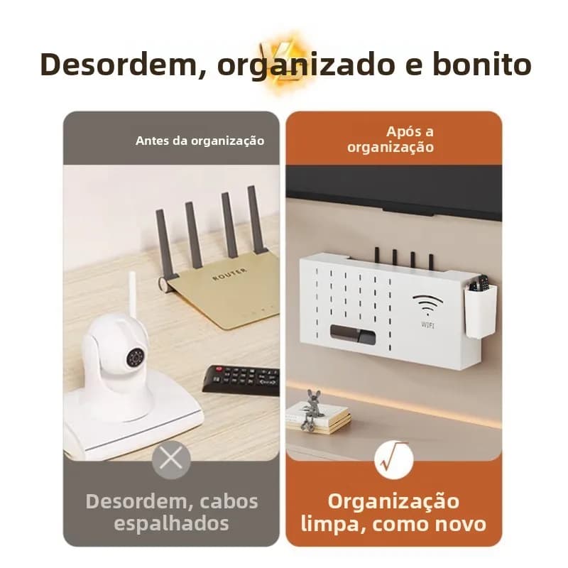 Suporte de parede branco para TV e eletrônicos organizando cabos e dispositivos, antes e depois da instalação