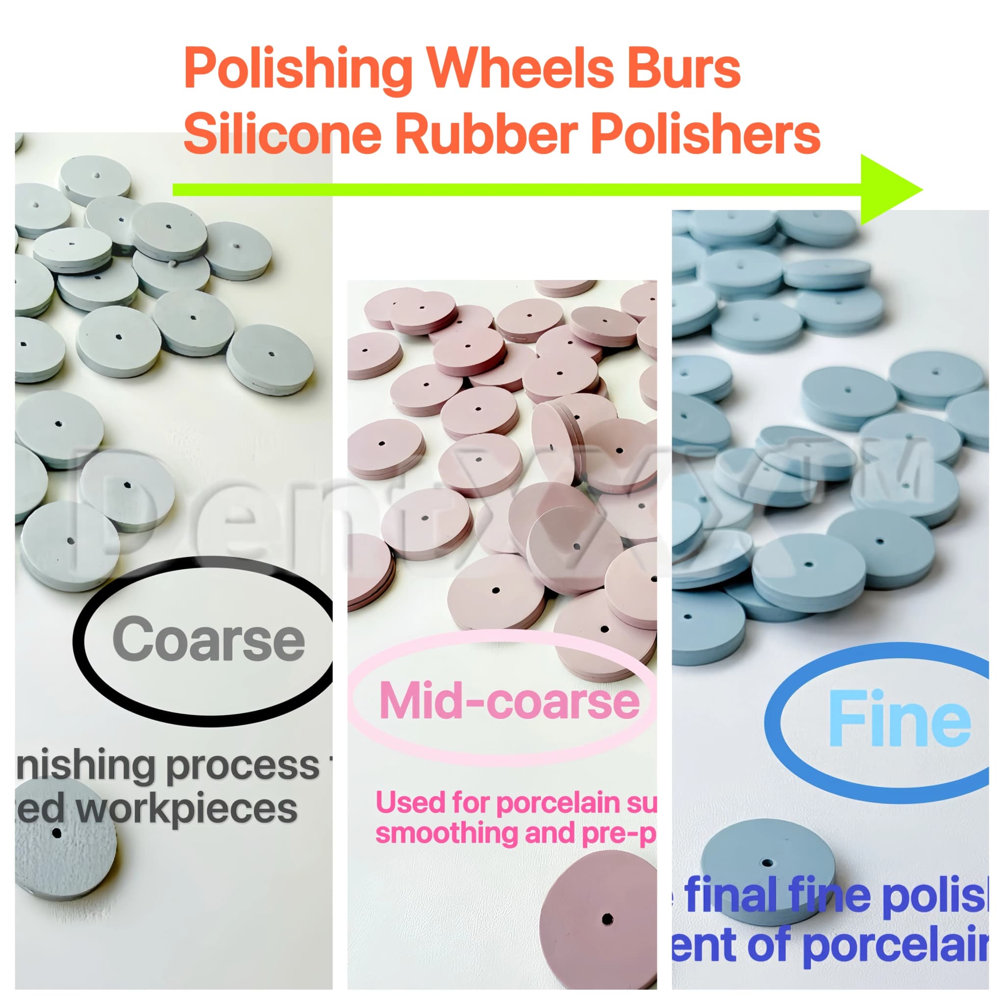 Rodas de polimento de silicone azul em três graus de granulação: grosso, médio e fino para acabamento profissional