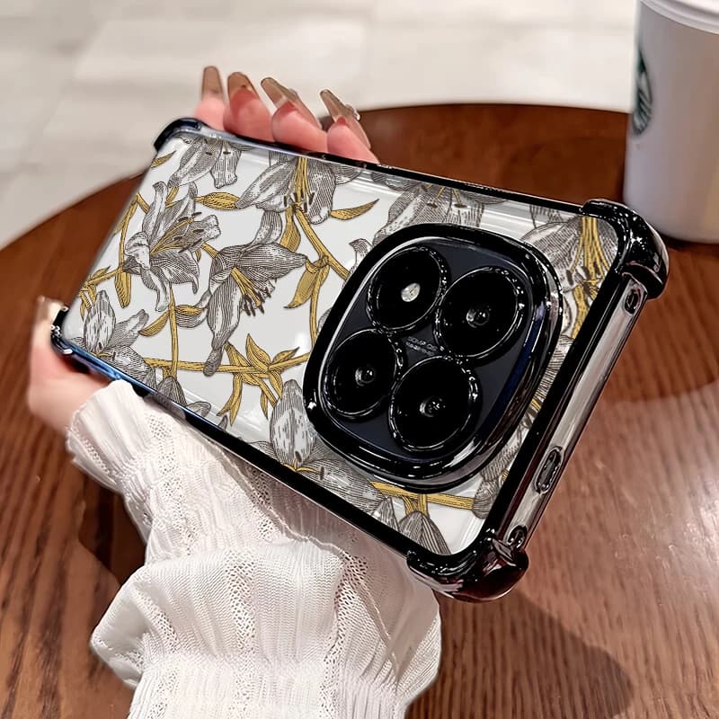 Capa de silicone à prova de choque para Xiaomi Redmi 15 4G com design floral transparente e detalhes em preto