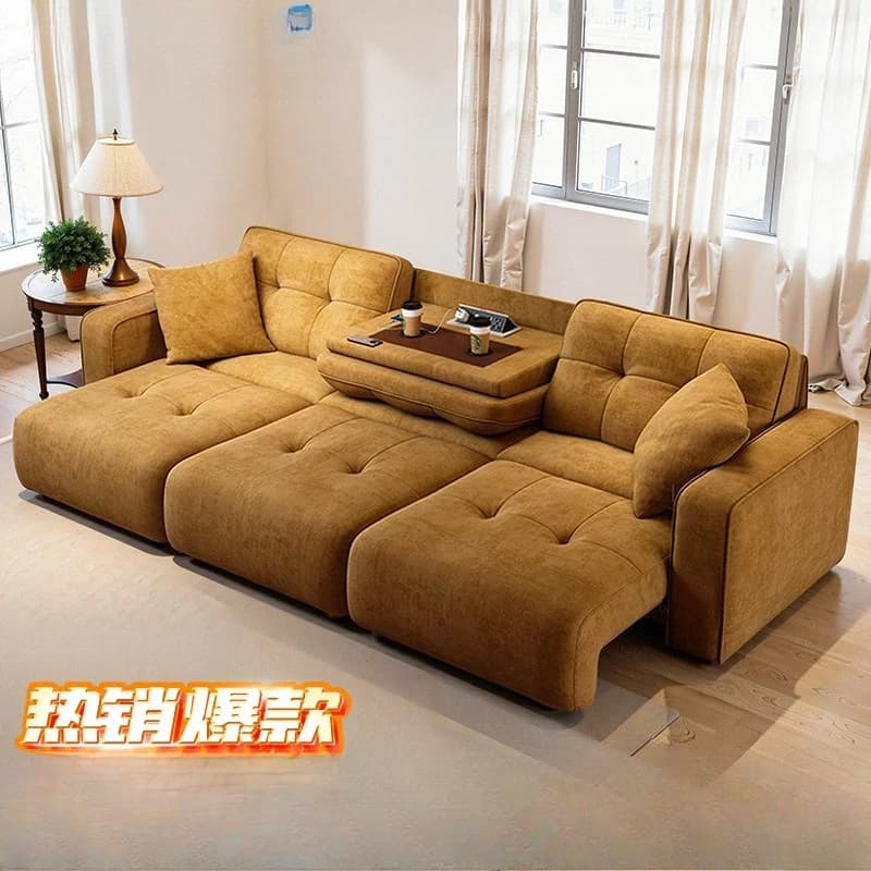 Sofá-cama elétrico moderno em tecido marrom, assentos em linha reta, sala de estar.