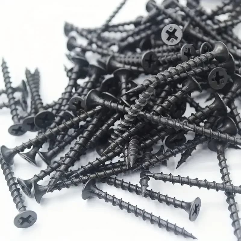 Parafusos para drywall M3.5 x 50mm pretos com rosca grossa e cabeça escareada em detalhe