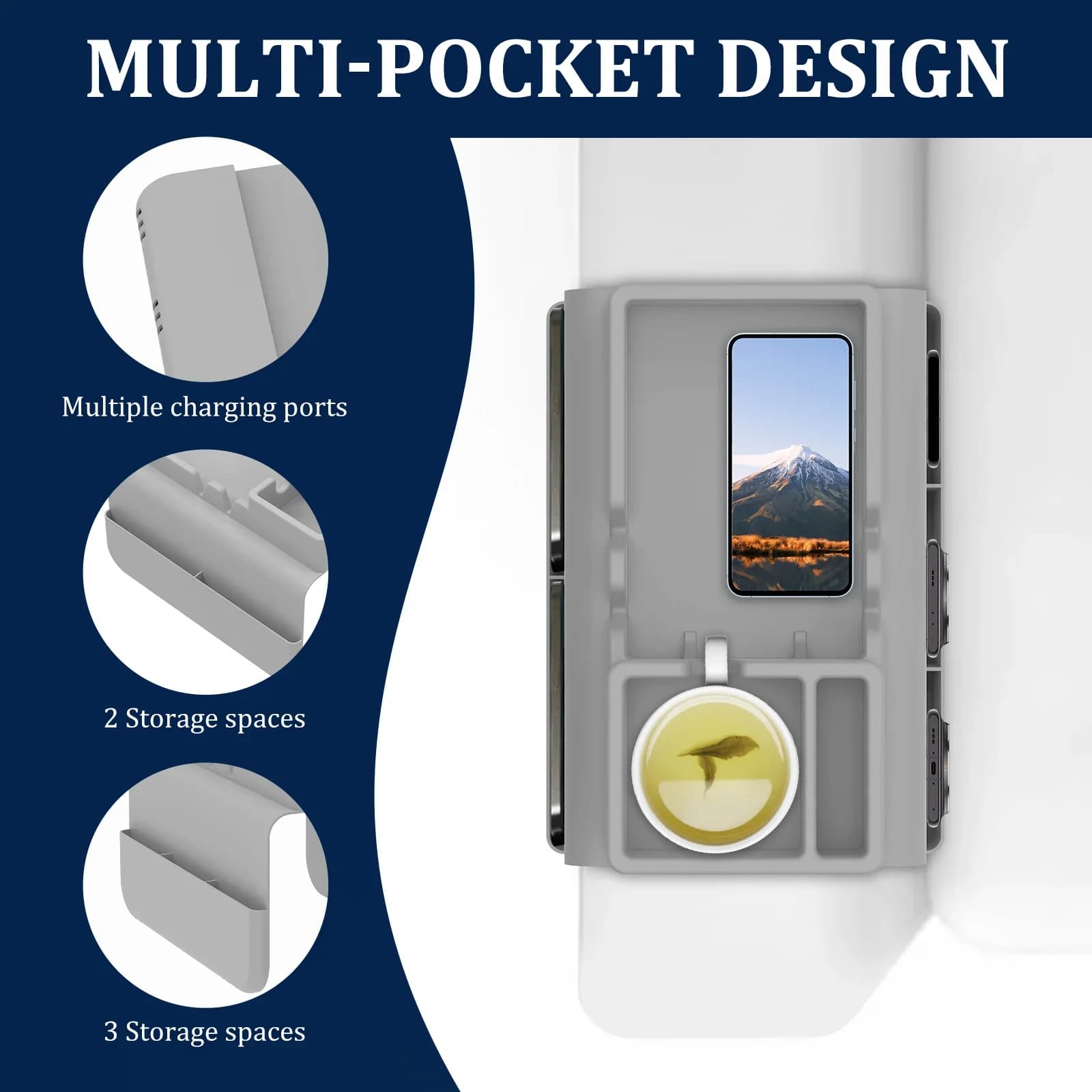 Suporte para copos preto com bolso lateral e dois compartimentos, design multi-pocket para sofá