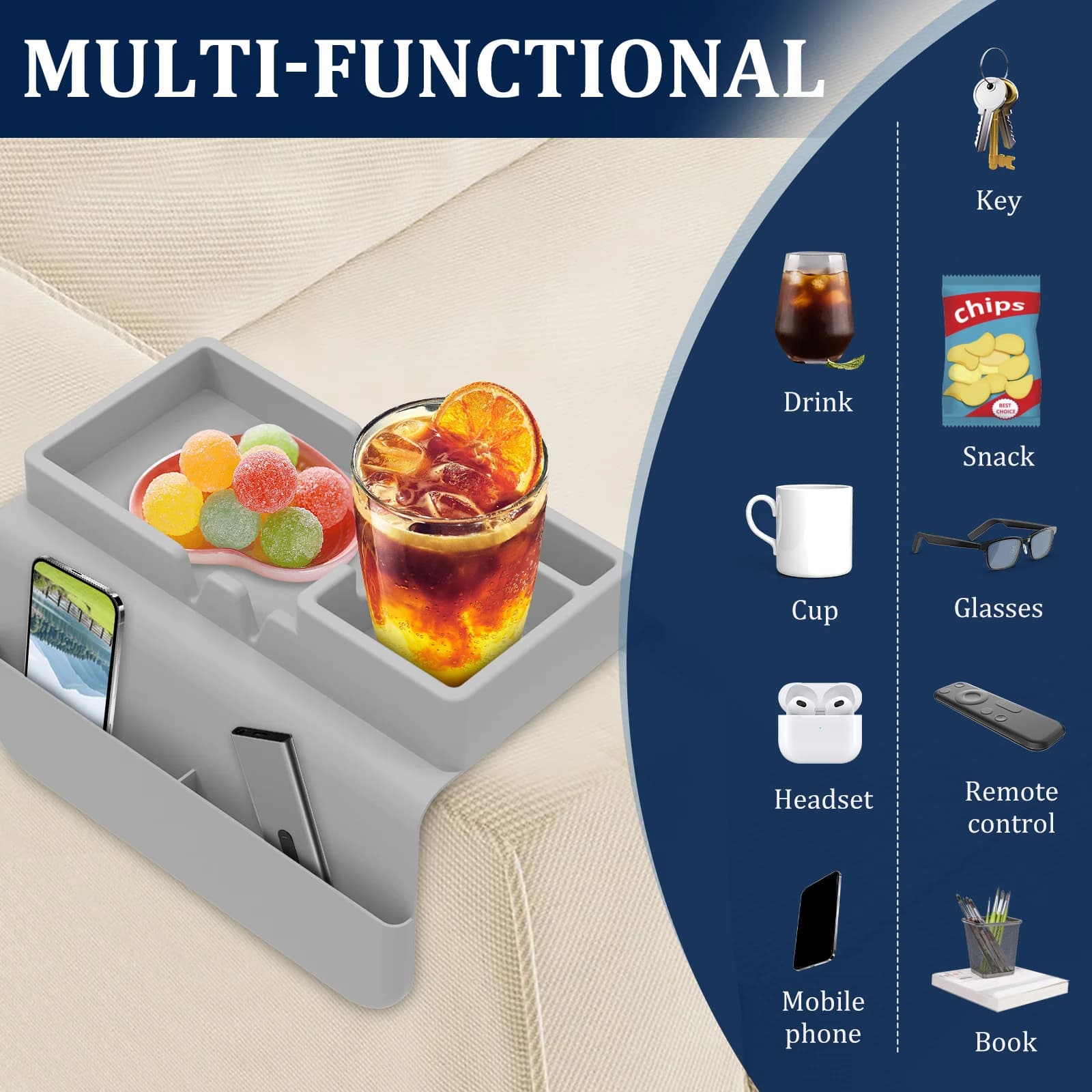 Suporte multi-funcional para sofá cinza em silicone com compartimentos para copo, celular, snacks e controles