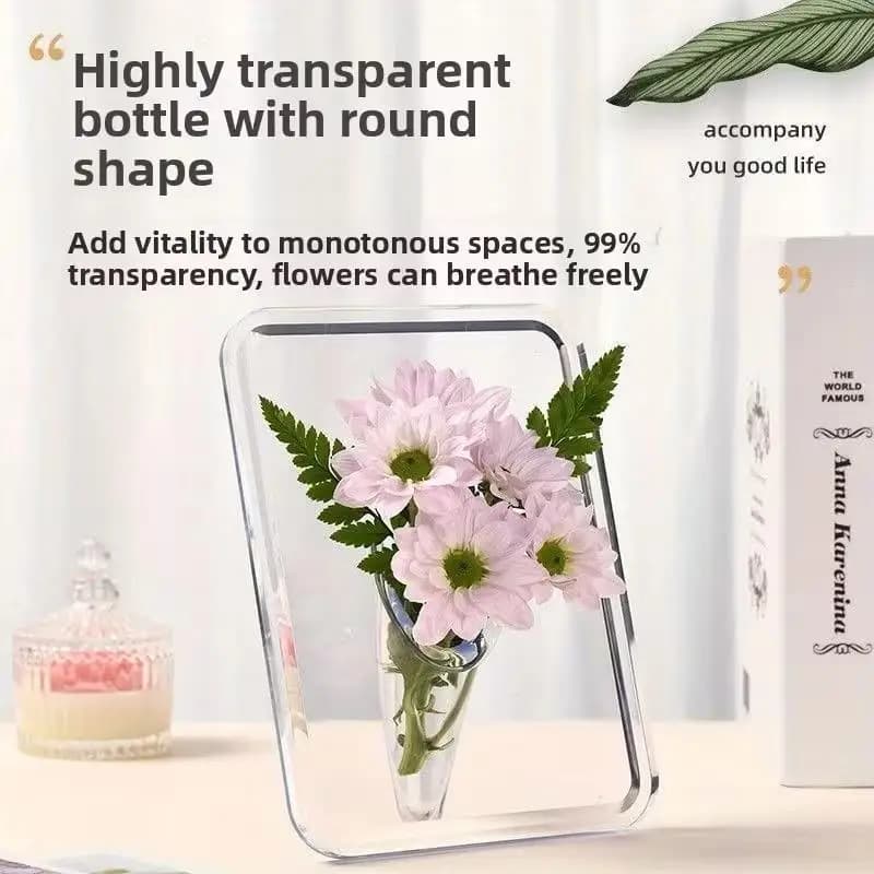 Vaso decorativo acrílico transparente moderno com formato retangular e flores rosas para decoração