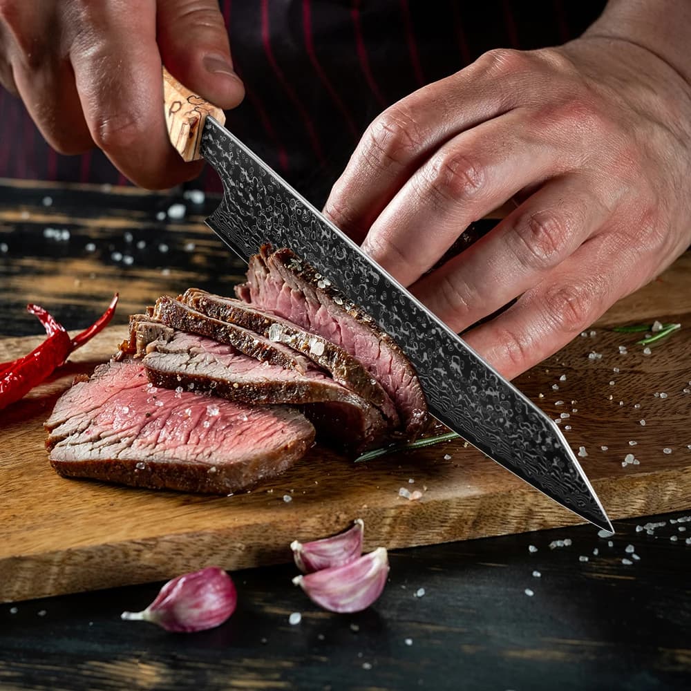 Faca Xitou Kiritsuke aço damasco 8 polegadas cortando carne com cabo octogonal madeira clara