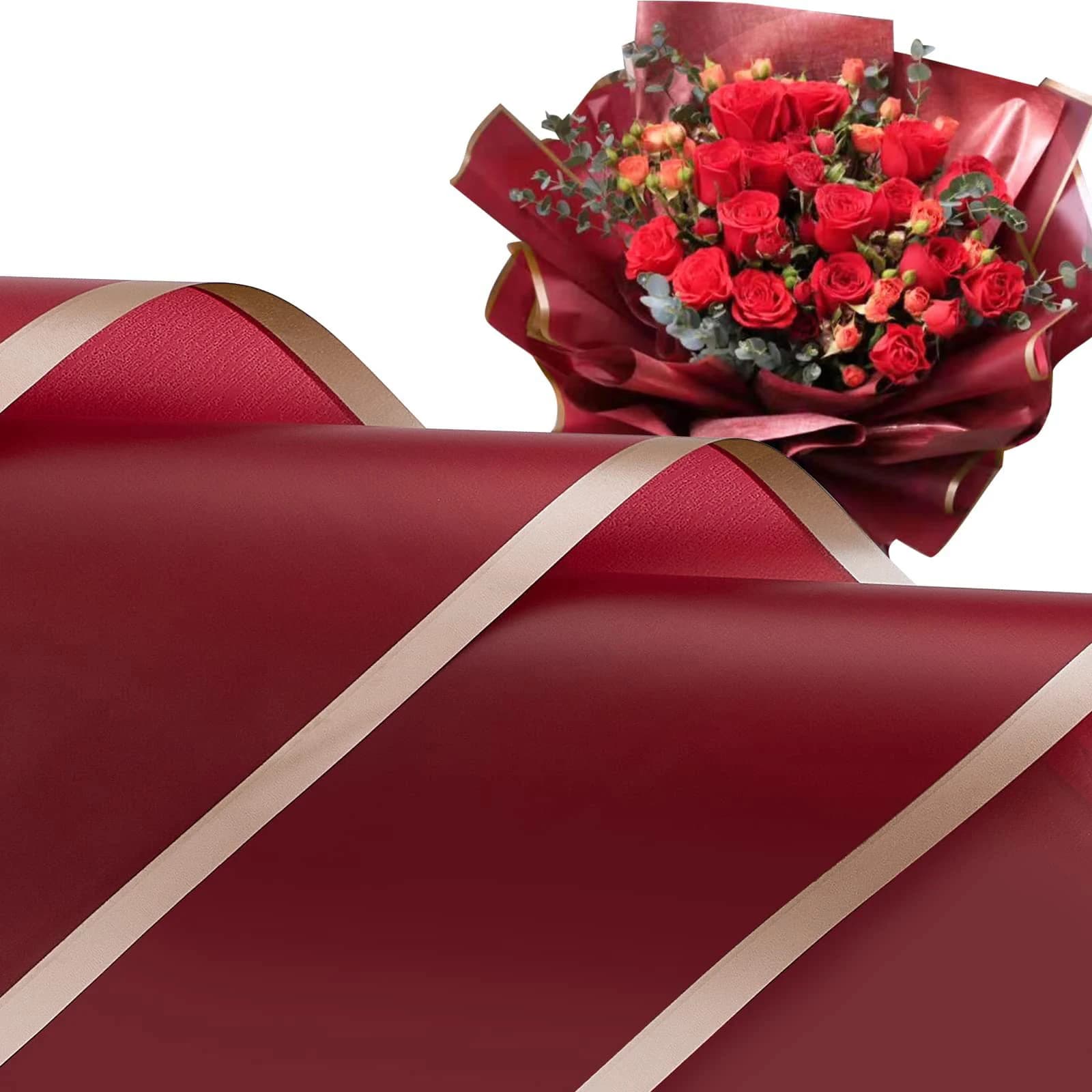 20 folhas (borgonha) envoltório de buquê floral à prova d'água - 18 cores vibrantes, acabamento dourado - ideal para suprimentos de florista coreano, artesanato DIY