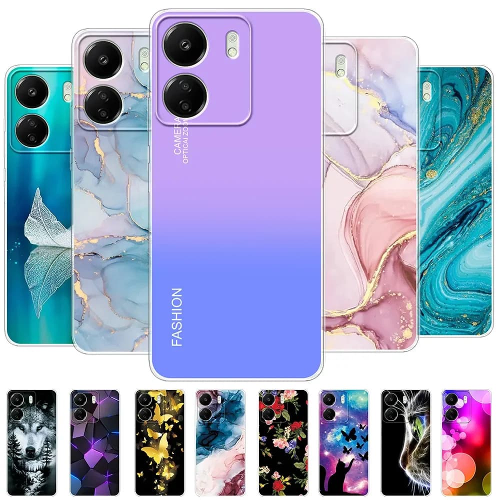 Capas de telefone transparentes para Xiaomi Poco C65 e C55 com vários designs, incluindo floral e lobo com borboletas.