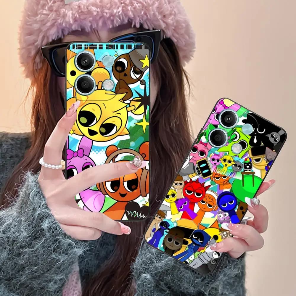 Capa para Xiaomi Redmi Note 14 com design colorido e personagens animados Sprunki em material resistente