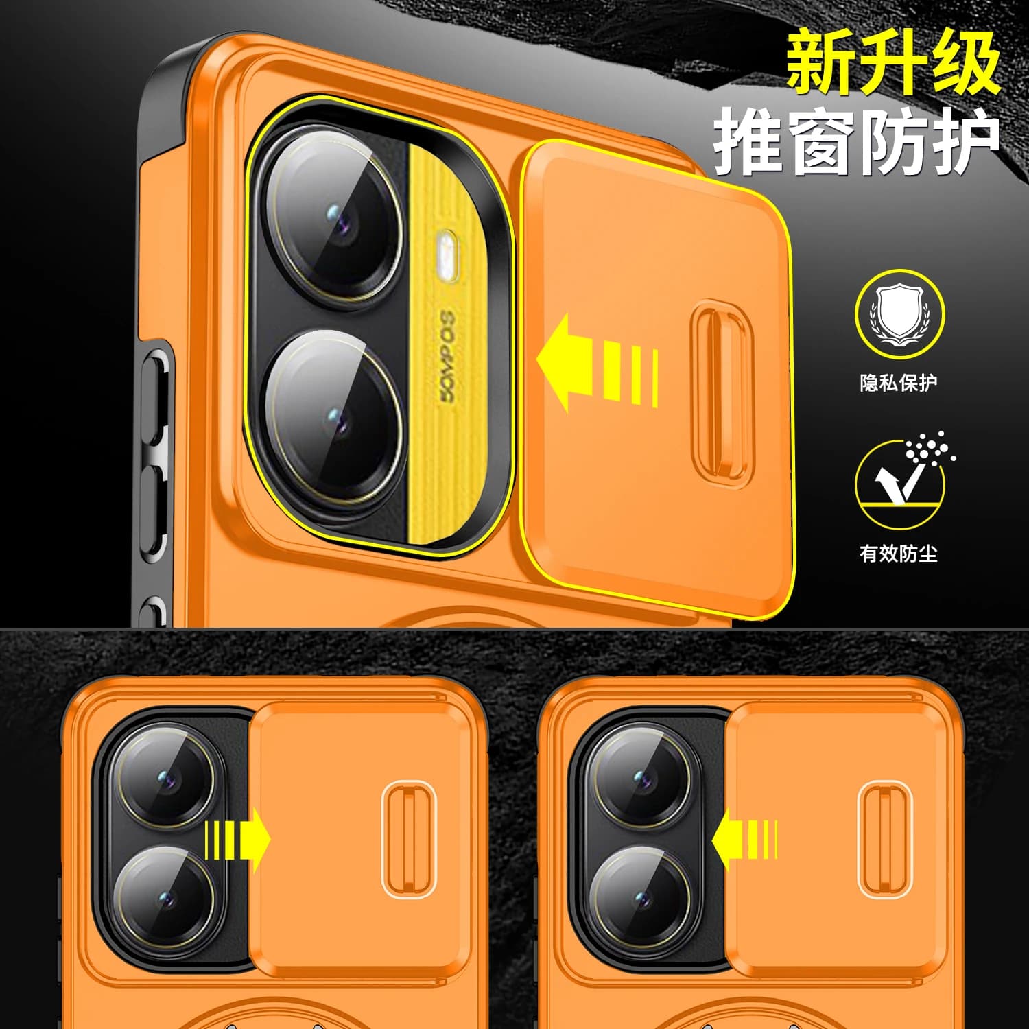 Capa laranja para Xiaomi Poco F7 Pro com proteção deslizante para câmera dupla e bordas reforçadas