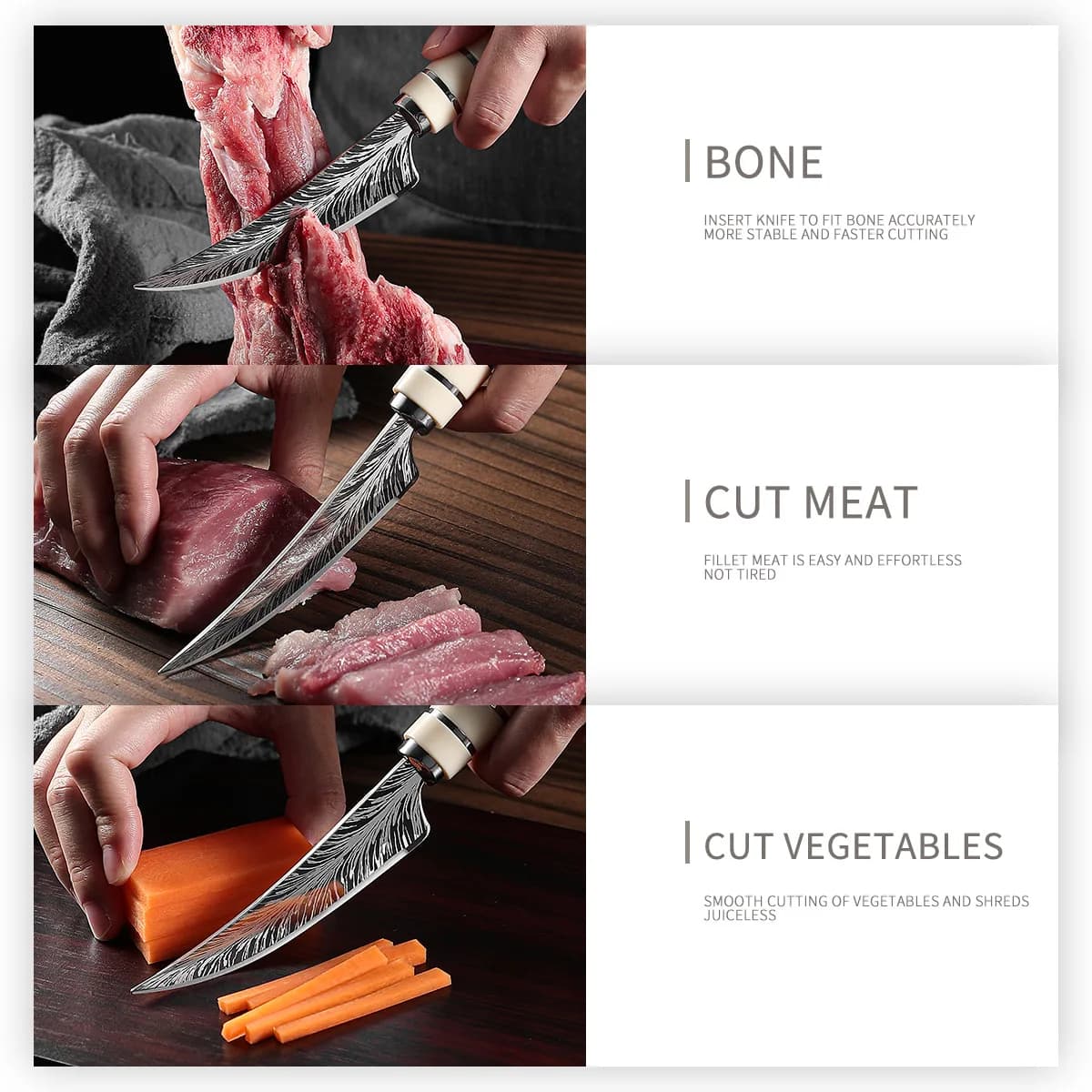 Faca de desossa com lâmina curvada e cabo em madeira textura Damasco cortando carne e legumes
