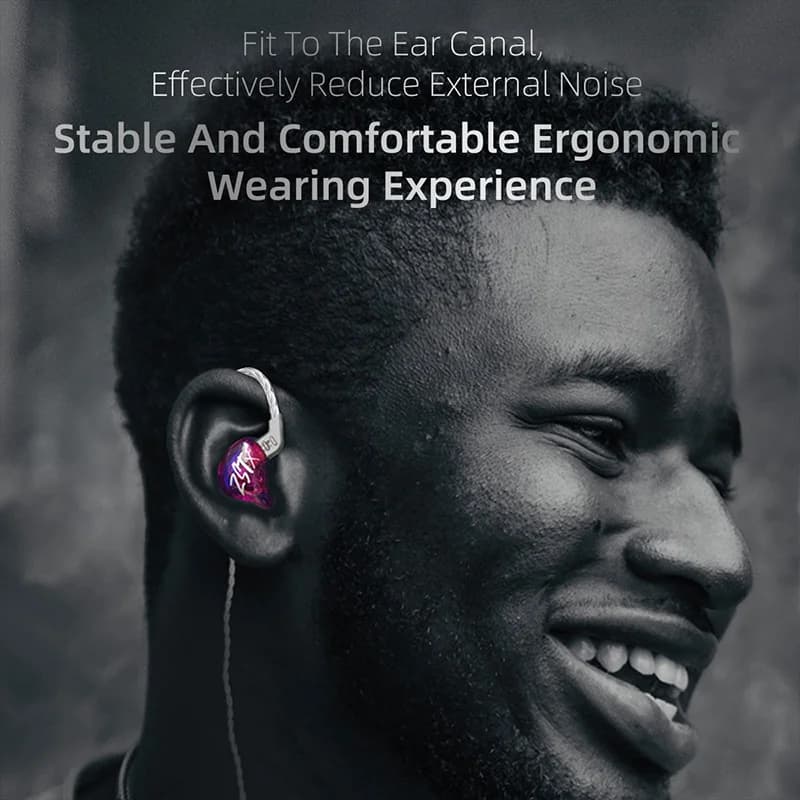 Fone de ouvido KZ ZSTX roxo com fio, design ergonômico para conforto e cancelamento de ruído