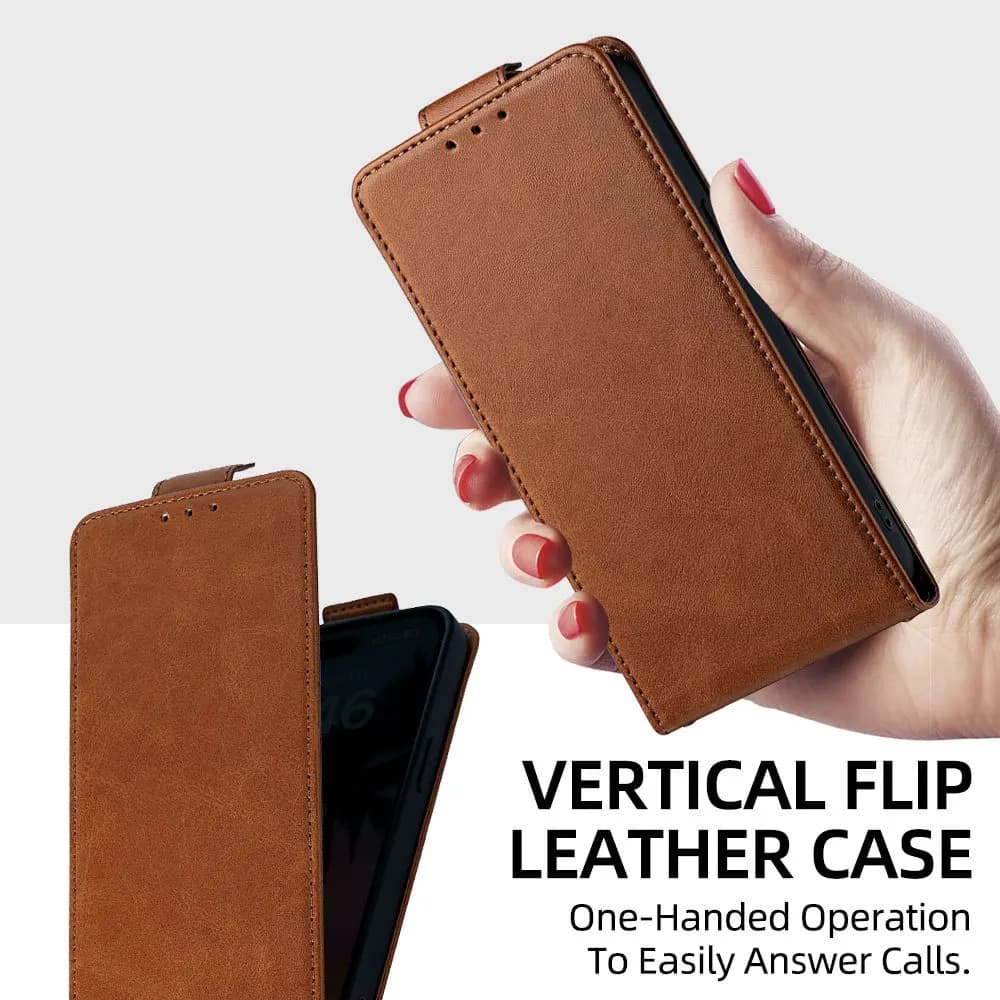 Capa marrom para celular Xiaomi Poco flip vertical em couro sintético, fácil manuseio com uma mão