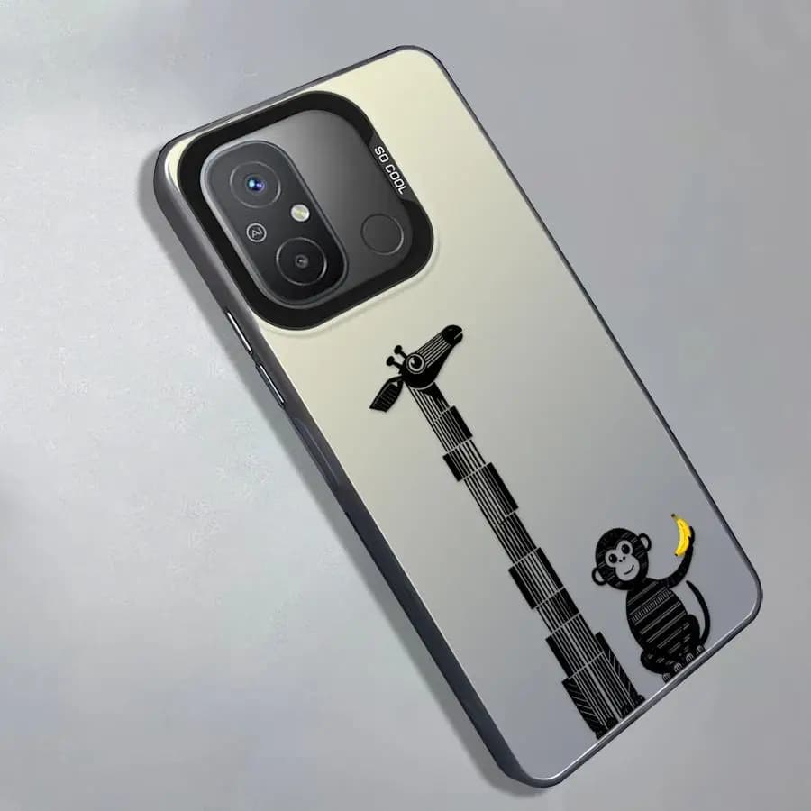 Capa cinza para Xiaomi Redmi Note com desenho de macaco segurando banana e girafa estilizada