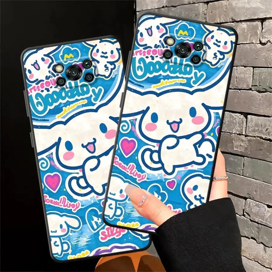Capa de telefone preta macia com estampa azul e branca do personagem Sanrio Cinnamoroll para Xiaomi Poco