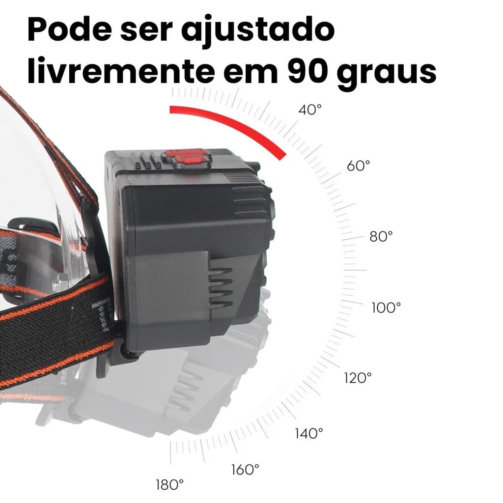 Lanterna de cabeça preta com detalhes vermelhos ajustável em 90 graus para capacete