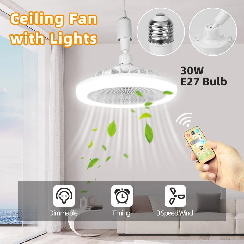 Ventilador de teto moderno com lâmpada regulável, ventilador de teto com luzes E27, iluminação LED, lustre de verão para quarto, sala de estar, cozinha