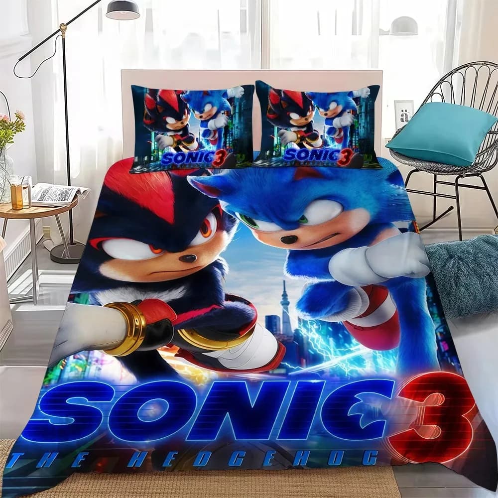 Capa de edredom Sonic 3 azul e vermelho com logo e personagens, conjunto 3 peças algodão macio preto