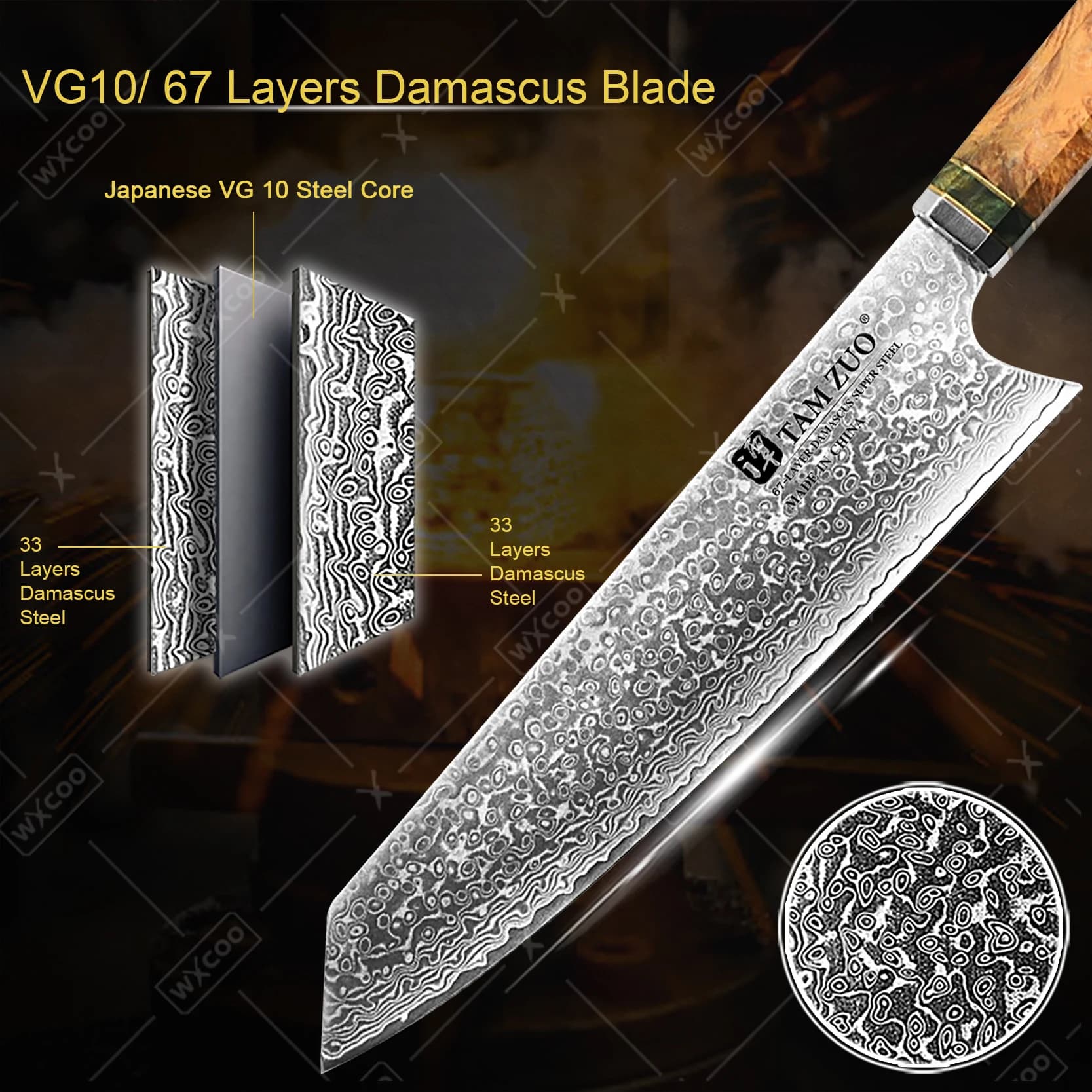 Faca Wxcoo Japonesa Kiritsuke com Cabo Azul e Lâmina de Aço Damasco