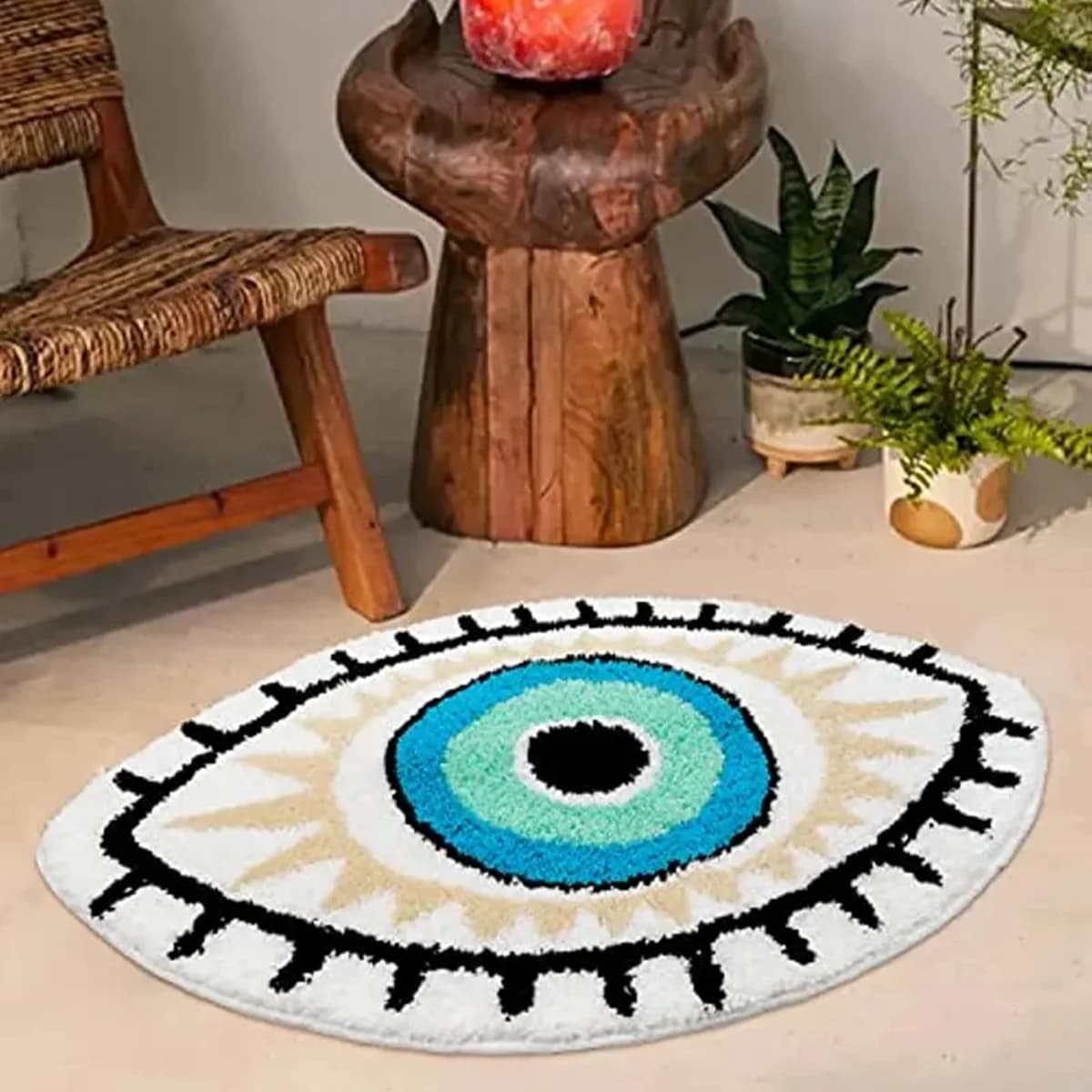 Tapete antiderrapante com padrão de olho azul e verde, para decoração de casa.