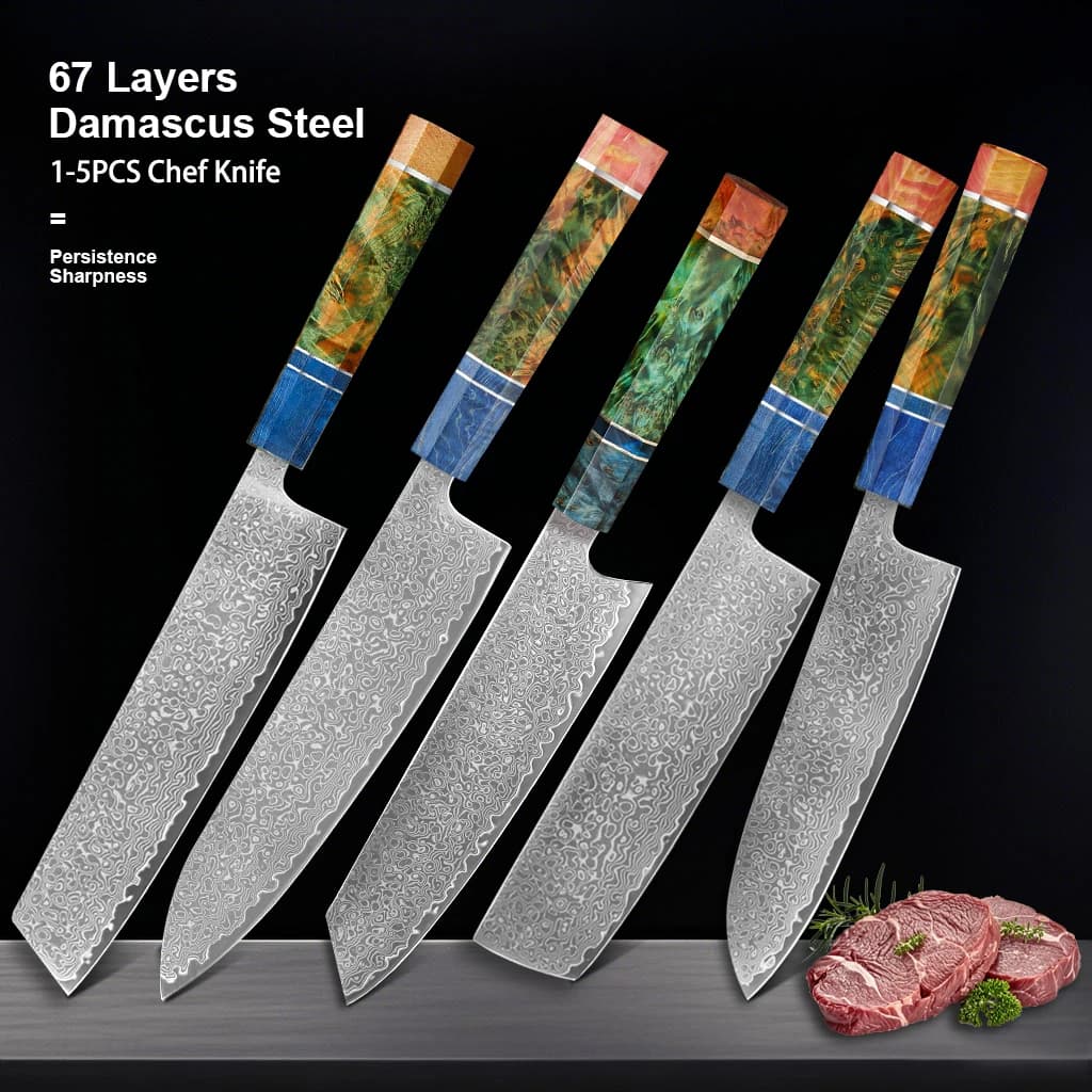Conjunto de facas de chef de aço damasco VG10 com cabo colorido