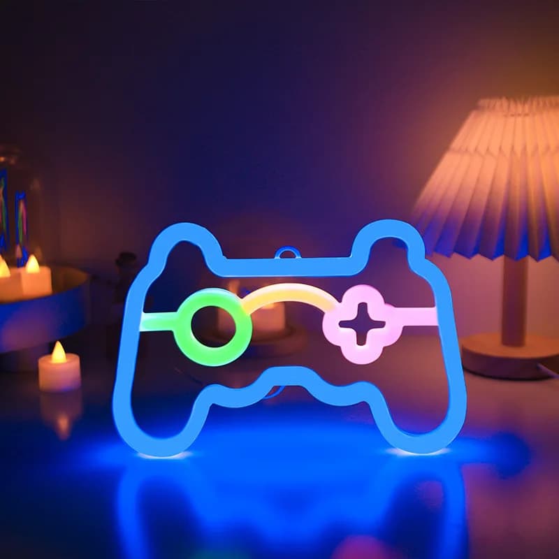 Lâmpada de néon gamer em forma de controle com luzes LED multicoloridas para decoração de sala de e-sports