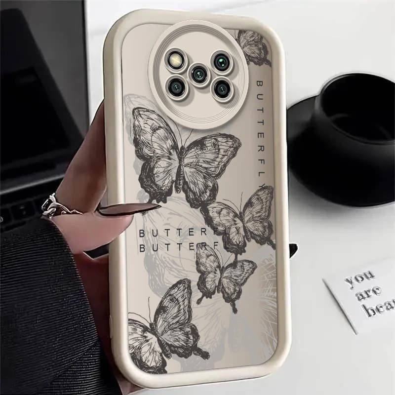Capa para Xiaomi Poco com proteção silicone branca e estampa borboletas pretas estilo desenho