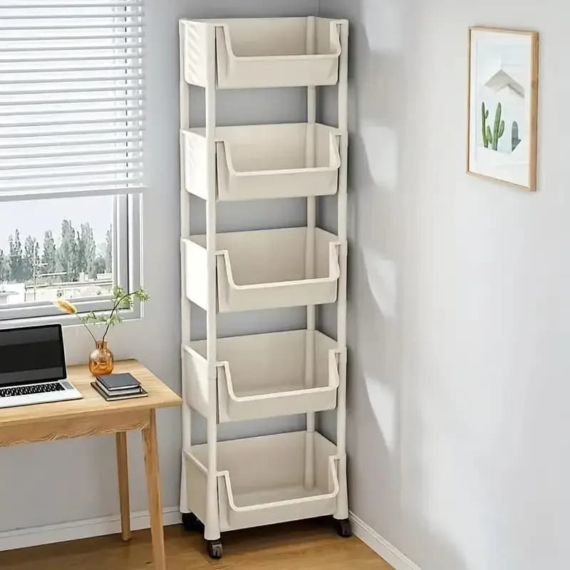 Estante de armazenamento móvel branca com 5 camadas e rodas, design compacto para escritório