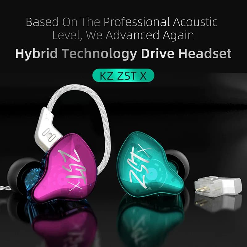 Fones de ouvido KZ ZST híbridos com design rosa e verde, cabo substituível de 2 pinos, envio rápido 24 horas.