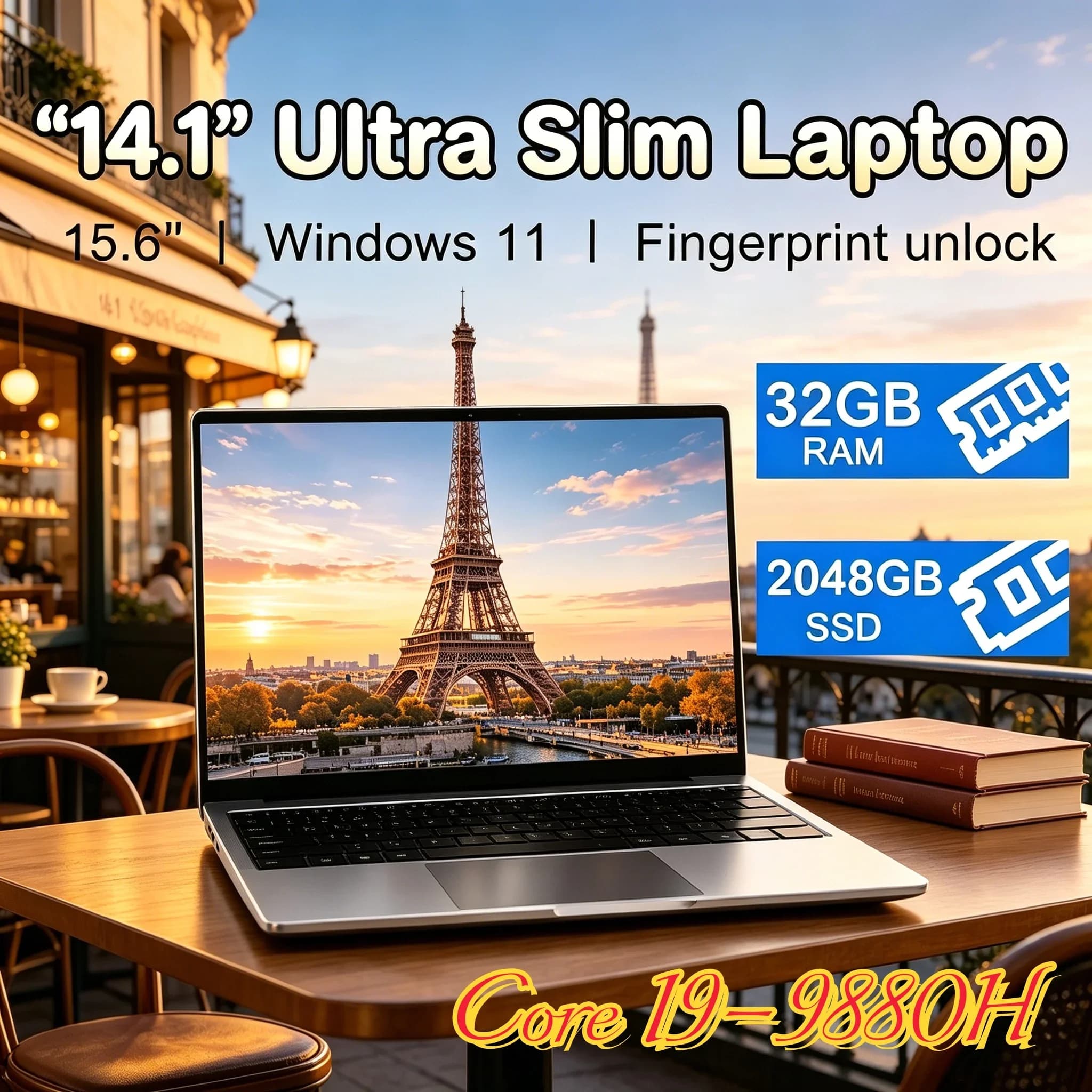 Notebook premium 14.1 polegadas com Intel Core i9-9880H, 32GB RAM, SSD 2TB, Torre Eiffel no visor