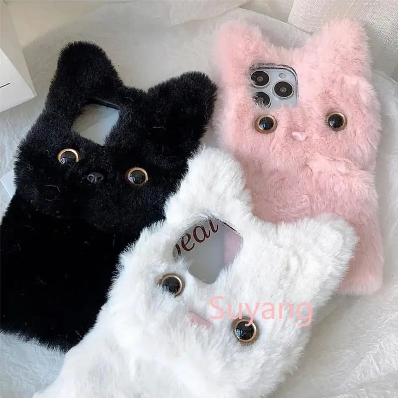 Conjunto de capas de telefone pelúcia macia em branco, rosa e preto com design 3D de gato para Xiaomi