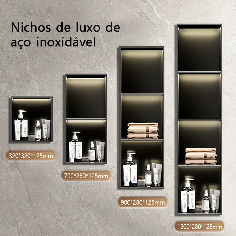 Armário de aço inoxidável para banheiro com prateleiras escondidas embutidas, cinza e preto