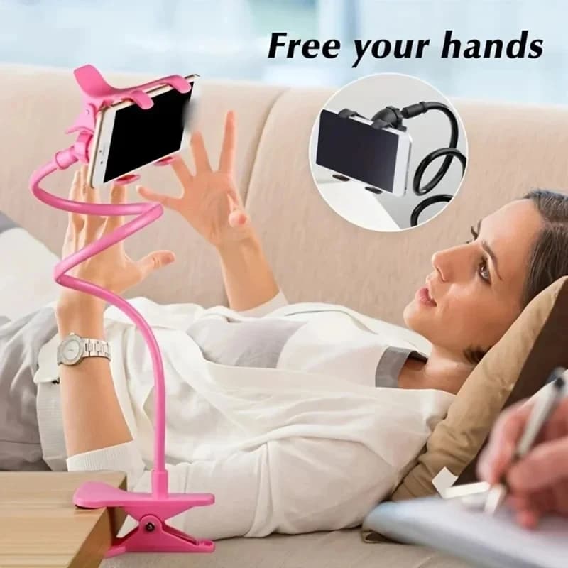 Mulher usando suporte para celular universal rosa com braço longo ajustável para assistir smartphone sem usar as mãos