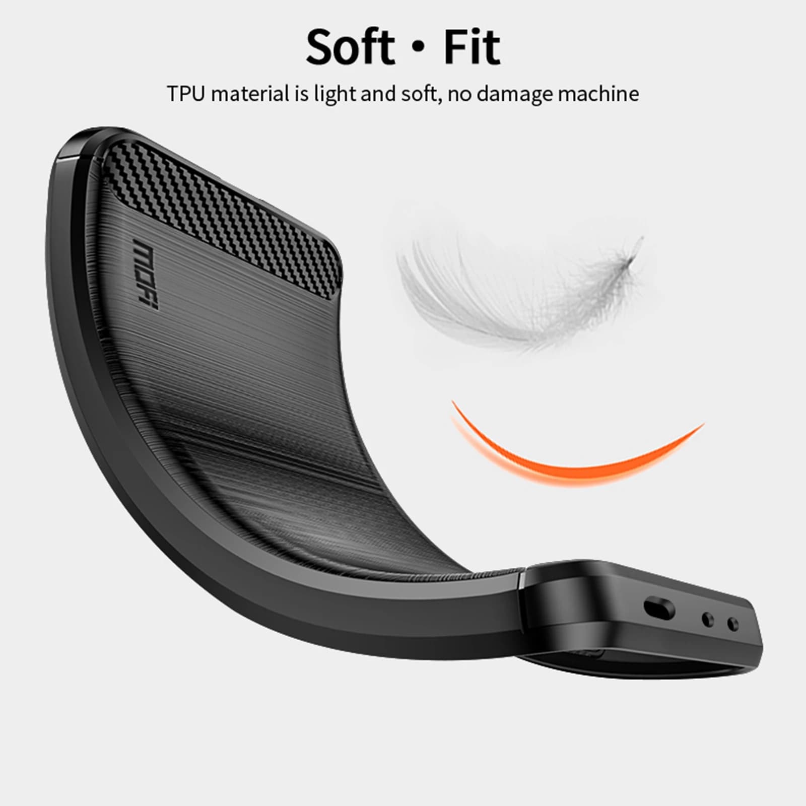 Capa de telefone MOFI preta com acabamento metálico e textura de carbono