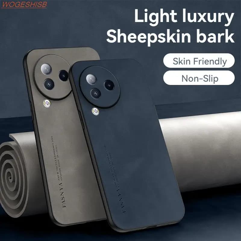 Capa de couro de pele de carneiro para smartphone, preta, com recortes para câmera e botões, textura de pele de carneiro, características Skin Friendly e Non-Slip.