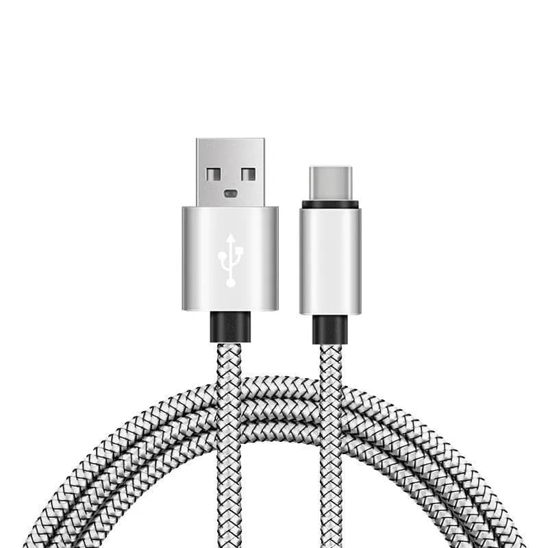 Cabo de carregamento rápido USB Tipo C com cabo trançado cinza e conectores metálicos prateados