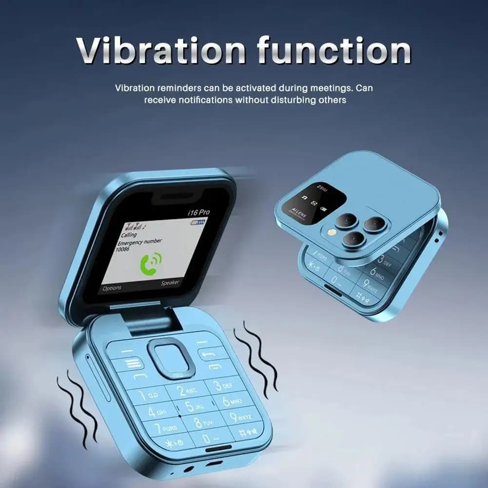 Telefone celular infantil i16pro flip azul com função de vibração e teclado numérico dobrável