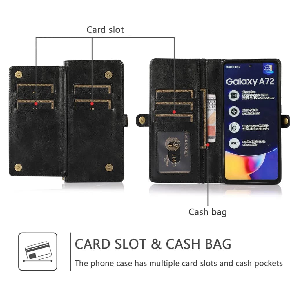 Capa preta para Samsung Galaxy A32 com múltiplos slots para cartão e bolso para dinheiro em couro