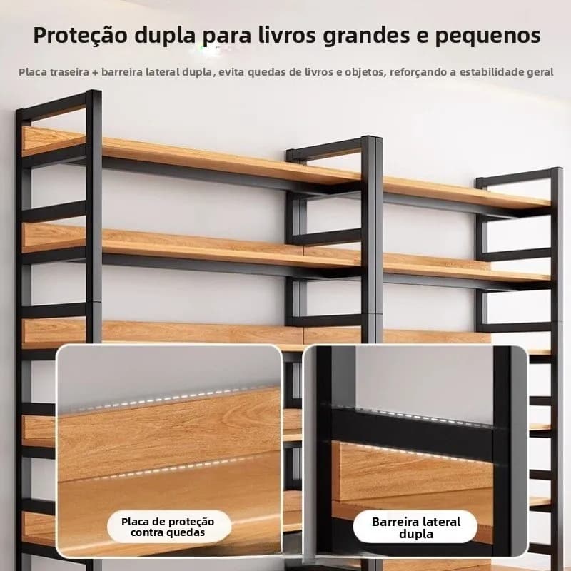 Estante multicamadas de chão em aço e madeira com proteção dupla para livros