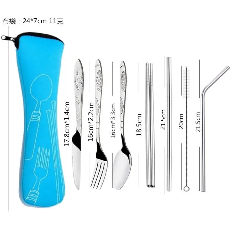 Conjunto de utensílios de aço inoxidável com saco de pano azul